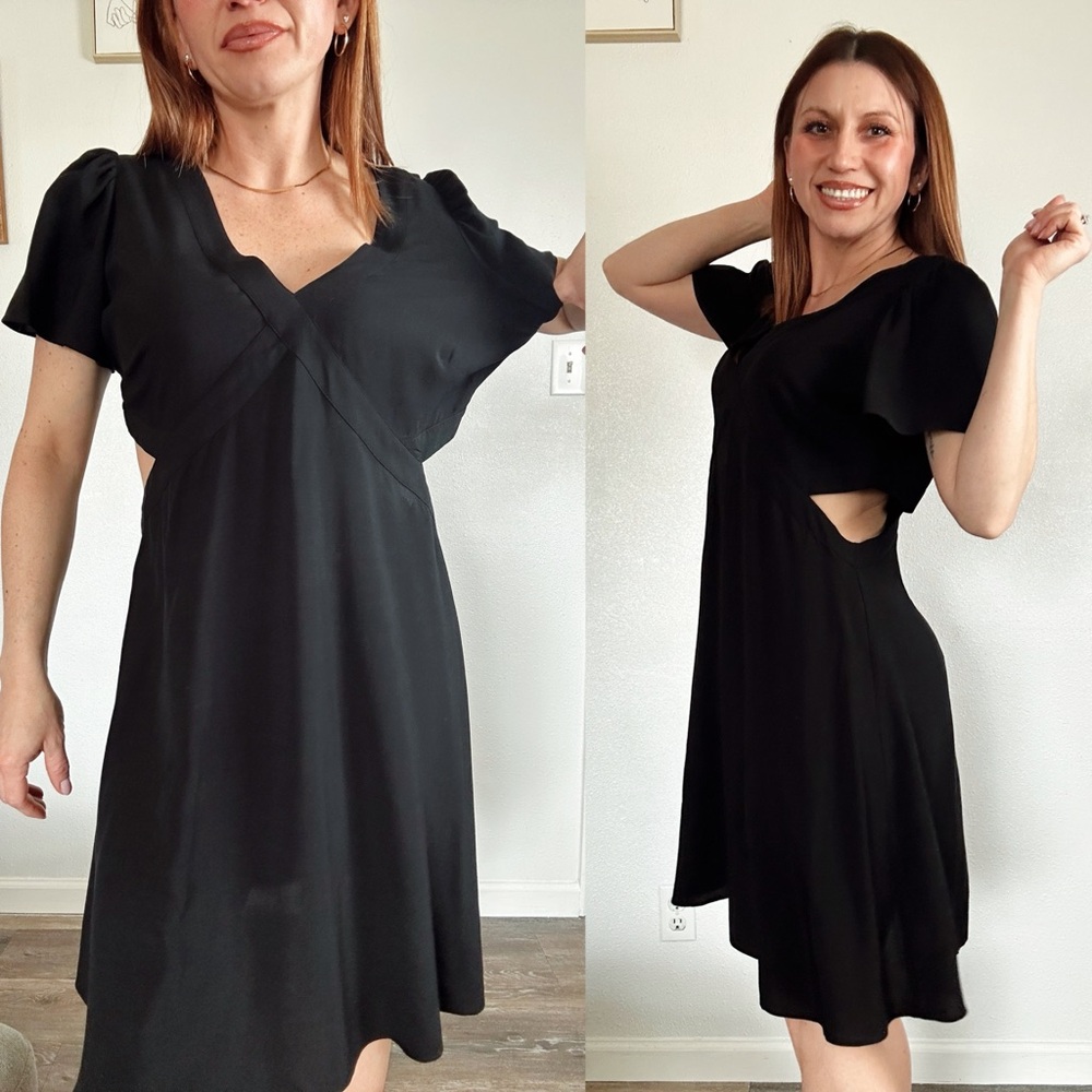 LOFT Black cutout v neck flare zip up Dress size 12